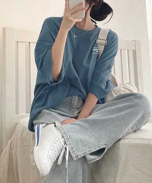 ビッグシルエットロゴtシャツ レディース 英字プリントtシャツ 体型カバー ドロップショルダー おしゃれ 着やせトップスカジュアル チュニックtシャツ 半袖韓国風 86HJHY-002