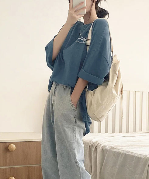 ビッグシルエットロゴtシャツ レディース 英字プリントtシャツ 体型カバー ドロップショルダー おしゃれ 着やせトップスカジュアル チュニックtシャツ 半袖韓国風 86HJHY-002