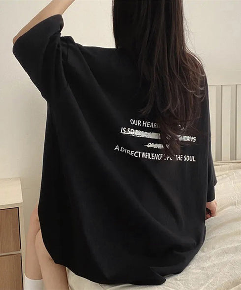 ビッグシルエットロゴtシャツ レディース 英字プリントtシャツ 体型カバー ドロップショルダー おしゃれ 着やせトップスカジュアル チュニックtシャツ 半袖韓国風 86HJHY-002