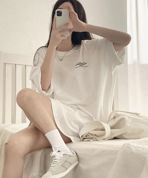 ビッグシルエットロゴtシャツ レディース 英字プリントtシャツ 体型カバー ドロップショルダー おしゃれ 着やせトップスカジュアル チュニックtシャツ 半袖韓国風 86HJHY-002