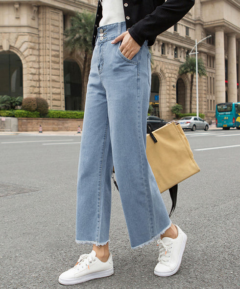 裾フリンジ9分丈デニムパンツハイウエスト レディース ダメージ ストレートデニムパンツ 大人カジュアルジーパン 体型カバー美脚脚長 セミワイドデニム カットオフ 86HJT-002