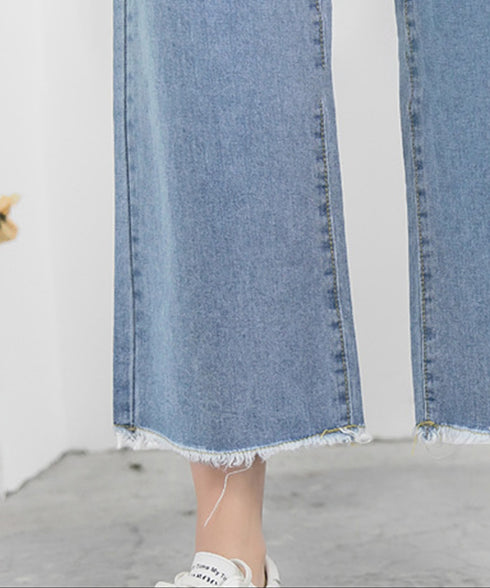 裾フリンジ9分丈デニムパンツハイウエスト レディース ダメージ ストレートデニムパンツ 大人カジュアルジーパン 体型カバー美脚脚長 セミワイドデニム カットオフ 86HJT-002