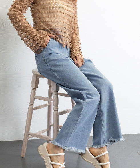 裾フリンジ9分丈デニムパンツハイウエスト レディース ダメージ ストレートデニムパンツ 大人カジュアルジーパン 体型カバー美脚脚長 セミワイドデニム カットオフ 86HJT-002