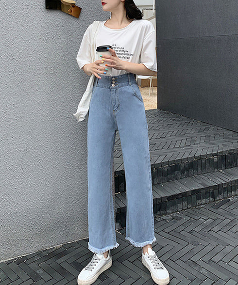 裾フリンジ9分丈デニムパンツハイウエスト レディース ダメージ ストレートデニムパンツ 大人カジュアルジーパン 体型カバー美脚脚長 セミワイドデニム カットオフ 86HJT-002