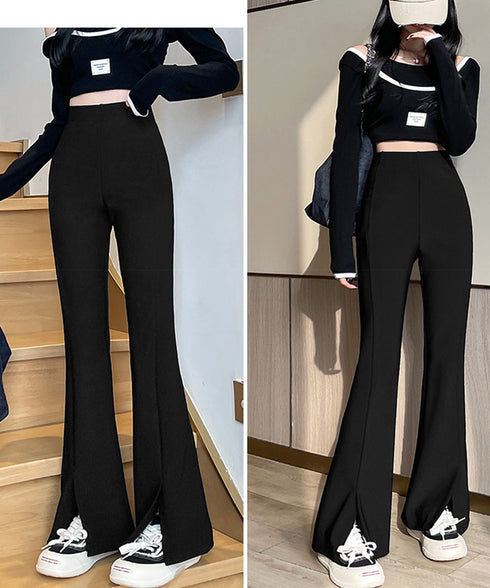 フレアスキニーパンツ スリット入りパンツ レディース ハイウエストストレッチパンツ センタープレス フレアスラックスパンツ オフィス美脚リラックスパンツ きれいめ 86HONGFU-001