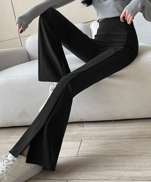 フレアスキニーパンツ スリット入りパンツ レディース ハイウエストストレッチパンツ センタープレス フレアスラックスパンツ オフィス美脚リラックスパンツ きれいめ 86HONGFU-001