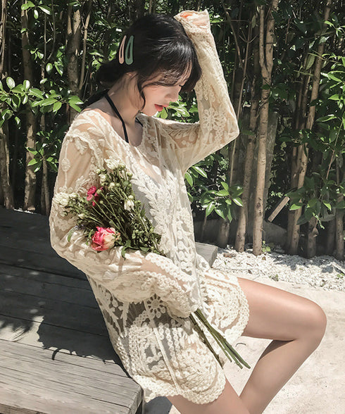 水着アウター 透かし編みビーチウェア夏海 レディース 日焼け防止 ビキニカバーアップ 水着の上に着るラッシュガード クロシェ編み込み リゾートブラウス 体型カバー 86HONGXUAN-001