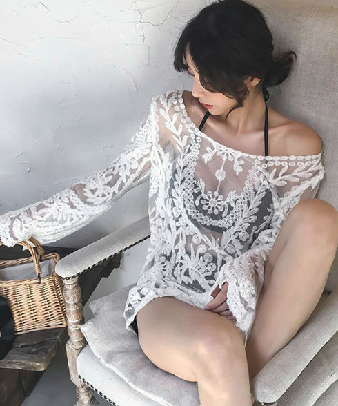 水着アウター 透かし編みビーチウェア夏海 レディース 日焼け防止 ビキニカバーアップ 水着の上に着るラッシュガード クロシェ編み込み リゾートブラウス 体型カバー 86HONGXUAN-001