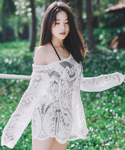 水着アウター 透かし編みビーチウェア夏海 レディース 日焼け防止 ビキニカバーアップ 水着の上に着るラッシュガード クロシェ編み込み リゾートブラウス 体型カバー 86HONGXUAN-001