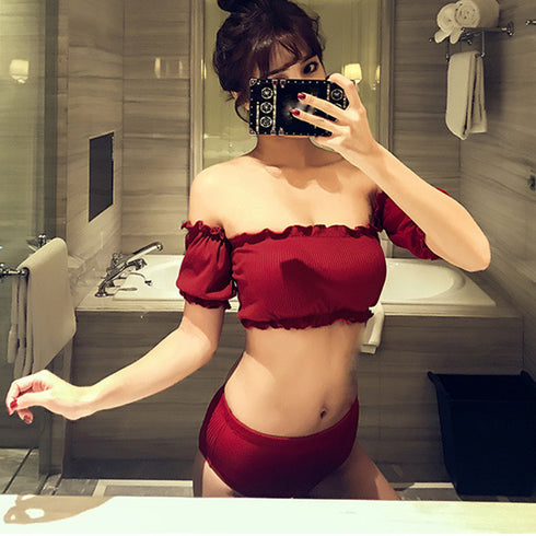 オフショルダー 水着セット レディース夏 セクシー オフショルダービキニ 大人可愛い水着 大人気 上下セット フリル水着 お洒落 露出控えめ 夏海サマー 韓国風 86HYZX-002