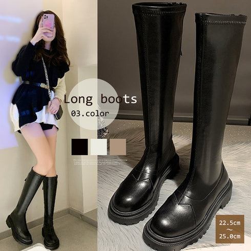 ロングブーツ レディース 厚底ブーツ韓国 ストレッチブーツ 膝下 ジョッキーブーツ バックジップ ギザギザ厚底 PUブーツ 太ヒール おでこ靴 履きやすい 秋冬 86JIANL-016