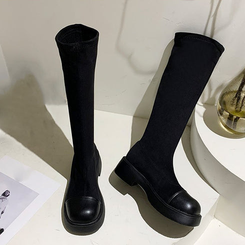 ロングブーツ ラウンドトゥ 厚底ブーツ レディース ジョッキーブーツ 異素材 秋冬 美脚ブーツ 歩きやすい おしゃれ ニーハイブーツ 2021 トレンド 86JIANL-017