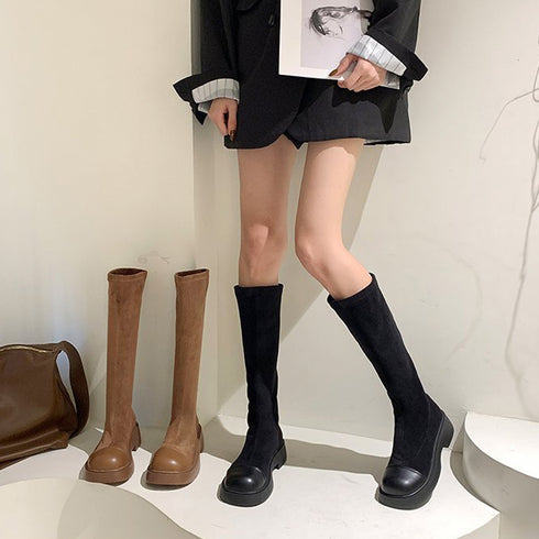 ロングブーツ ラウンドトゥ 厚底ブーツ レディース ジョッキーブーツ 異素材 秋冬 美脚ブーツ 歩きやすい おしゃれ ニーハイブーツ 2021 トレンド 86JIANL-017
