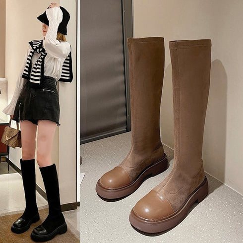 ロングブーツ ラウンドトゥ 厚底ブーツ レディース ジョッキーブーツ 異素材 秋冬 美脚ブーツ 歩きやすい おしゃれ ニーハイブーツ 2021 トレンド 86JIANL-017