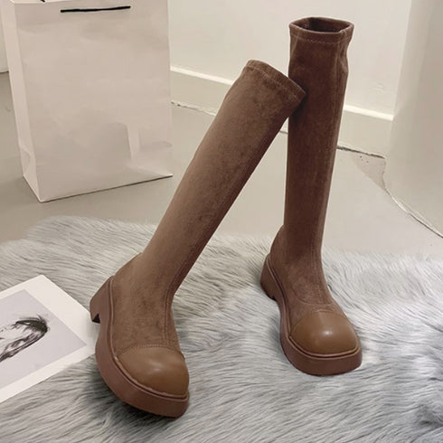 ロングブーツ ラウンドトゥ 厚底ブーツ レディース ジョッキーブーツ 異素材 秋冬 美脚ブーツ 歩きやすい おしゃれ ニーハイブーツ 2021 トレンド 86JIANL-017
