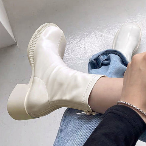 ストレッチブーツ チャンキーヒール 美脚 レディース フェイクレザー ショートブーツ ラウンドトゥ 太ヒール ミドルブーツ 秋冬 履きやすい シューズ 韓国風 86JIANL-025