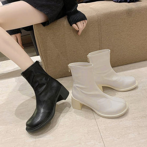 ストレッチブーツ チャンキーヒール 美脚 レディース フェイクレザー ショートブーツ ラウンドトゥ 太ヒール ミドルブーツ 秋冬 履きやすい シューズ 韓国風 86JIANL-025