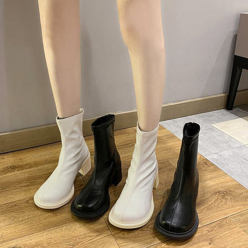 ストレッチブーツ チャンキーヒール 美脚 レディース フェイクレザー ショートブーツ ラウンドトゥ 太ヒール ミドルブーツ 秋冬 履きやすい シューズ 韓国風 86JIANL-025