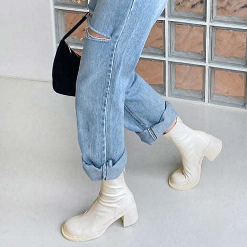 ストレッチブーツ チャンキーヒール 美脚 レディース フェイクレザー ショートブーツ ラウンドトゥ 太ヒール ミドルブーツ 秋冬 履きやすい シューズ 韓国風 86JIANL-025
