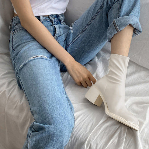 ストレッチブーツ チャンキーヒール 美脚 レディース フェイクレザー ショートブーツ ラウンドトゥ 太ヒール ミドルブーツ 秋冬 履きやすい シューズ 韓国風 86JIANL-025