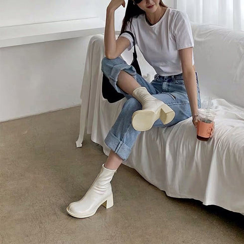 ストレッチブーツ チャンキーヒール 美脚 レディース フェイクレザー ショートブーツ ラウンドトゥ 太ヒール ミドルブーツ 秋冬 履きやすい シューズ 韓国風 86JIANL-025