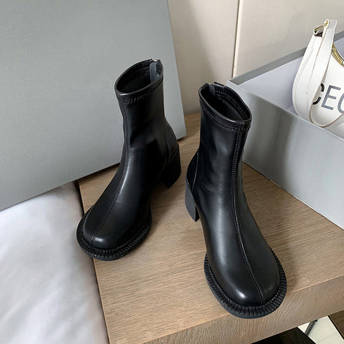 ストレッチブーツ チャンキーヒール 美脚 レディース フェイクレザー ショートブーツ ラウンドトゥ 太ヒール ミドルブーツ 秋冬 履きやすい シューズ 韓国風 86JIANL-025