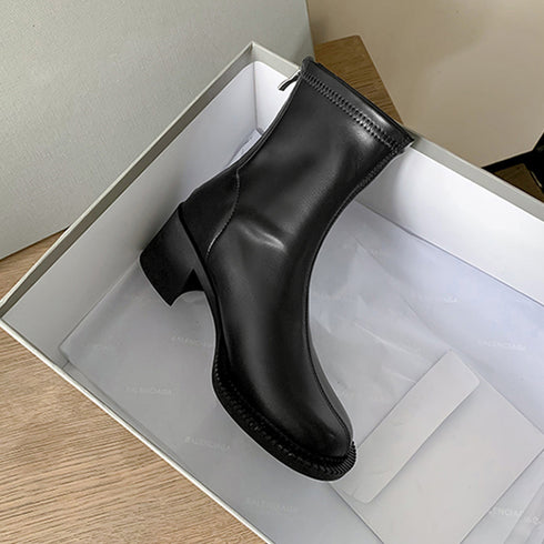 ストレッチブーツ チャンキーヒール 美脚 レディース フェイクレザー ショートブーツ ラウンドトゥ 太ヒール ミドルブーツ 秋冬 履きやすい シューズ 韓国風 86JIANL-025