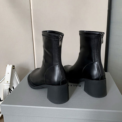 ストレッチブーツ チャンキーヒール 美脚 レディース フェイクレザー ショートブーツ ラウンドトゥ 太ヒール ミドルブーツ 秋冬 履きやすい シューズ 韓国風 86JIANL-025