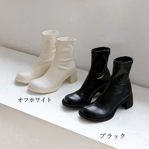 ストレッチブーツ チャンキーヒール 美脚 レディース フェイクレザー ショートブーツ ラウンドトゥ 太ヒール ミドルブーツ 秋冬 履きやすい シューズ 韓国風 86JIANL-025