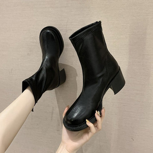 ストレッチブーツ チャンキーヒール 美脚 レディース フェイクレザー ショートブーツ ラウンドトゥ 太ヒール ミドルブーツ 秋冬 履きやすい シューズ 韓国風 86JIANL-025