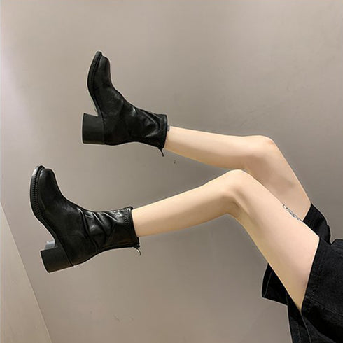 ストレッチブーツ チャンキーヒール 美脚 レディース フェイクレザー ショートブーツ ラウンドトゥ 太ヒール ミドルブーツ 秋冬 履きやすい シューズ 韓国風 86JIANL-025