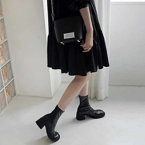 ストレッチブーツ チャンキーヒール 美脚 レディース フェイクレザー ショートブーツ ラウンドトゥ 太ヒール ミドルブーツ 秋冬 履きやすい シューズ 韓国風 86JIANL-025