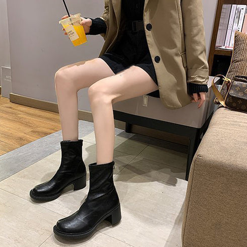 ストレッチブーツ チャンキーヒール 美脚 レディース フェイクレザー ショートブーツ ラウンドトゥ 太ヒール ミドルブーツ 秋冬 履きやすい シューズ 韓国風 86JIANL-025