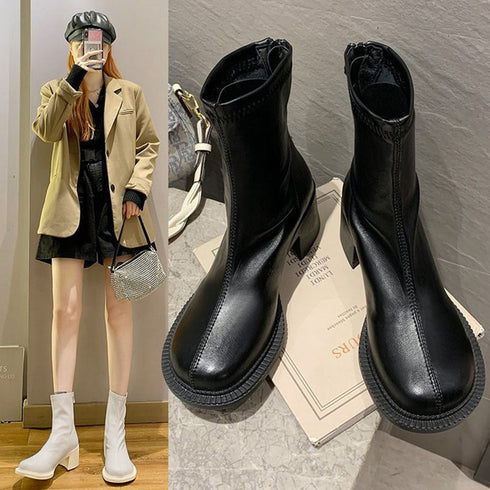 ストレッチブーツ チャンキーヒール 美脚 レディース フェイクレザー ショートブーツ ラウンドトゥ 太ヒール ミドルブーツ 秋冬 履きやすい シューズ 韓国風 86JIANL-025