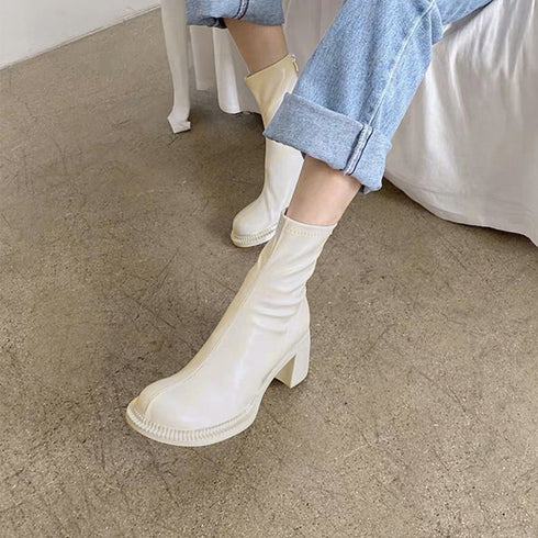 ストレッチブーツ チャンキーヒール 美脚 レディース フェイクレザー ショートブーツ ラウンドトゥ 太ヒール ミドルブーツ 秋冬 履きやすい シューズ 韓国風 86JIANL-025