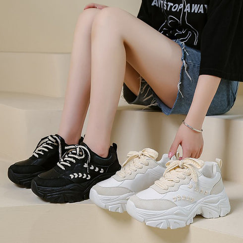 厚底 ダッドスニーカーレディースシューズ 韓国風 ボリューム厚底スニーカー 黒カジュアル スポーティー 美脚 疲れにくい プラットフォーム 歩きやすい靴 春夏秋冬 86JIANL-026