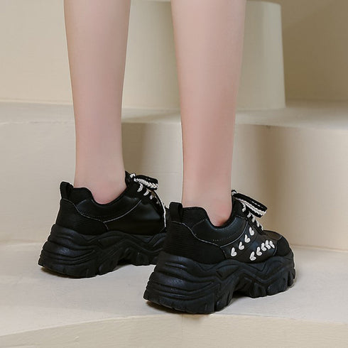 厚底 ダッドスニーカーレディースシューズ 韓国風 ボリューム厚底スニーカー 黒カジュアル スポーティー 美脚 疲れにくい プラットフォーム 歩きやすい靴 春夏秋冬 86JIANL-026