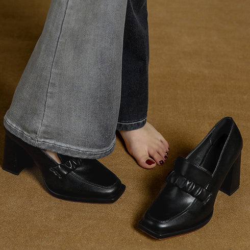 パンプス チャンキーヒール ローファー レディース おしゃれ ハイヒールパンプス 太ヒールローファー スクエアトゥ おじ靴 レトロ風 通勤靴 歩きやすいシューズ 86JIANL-028