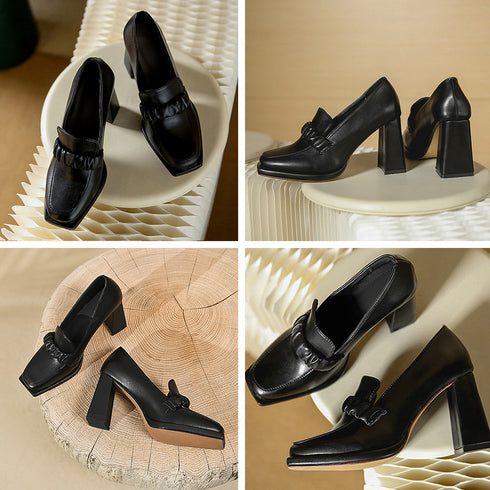 パンプス チャンキーヒール ローファー レディース おしゃれ ハイヒールパンプス 太ヒールローファー スクエアトゥ おじ靴 レトロ風 通勤靴 歩きやすいシューズ 86JIANL-028