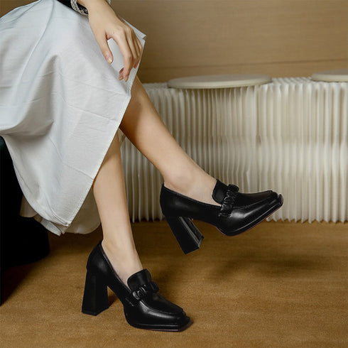 パンプス チャンキーヒール ローファー レディース おしゃれ ハイヒールパンプス 太ヒールローファー スクエアトゥ おじ靴 レトロ風 通勤靴 歩きやすいシューズ 86JIANL-028