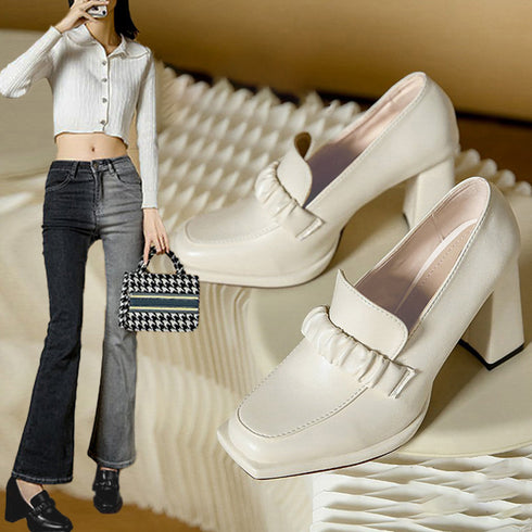 パンプス チャンキーヒール ローファー レディース おしゃれ ハイヒールパンプス 太ヒールローファー スクエアトゥ おじ靴 レトロ風 通勤靴 歩きやすいシューズ 86JIANL-028