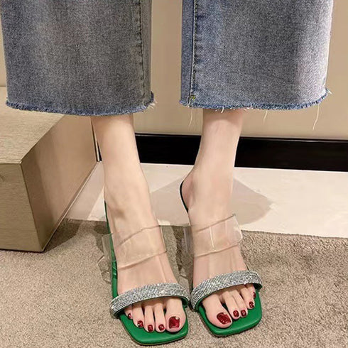 クリアヒールサンダル スクエアトゥ 美脚 レディース デザインヒール クリアサンダル 履きやすい サマーサンダル きれいめ透明ミュールサンダル 春夏大人可愛い上品 86JIANL-029