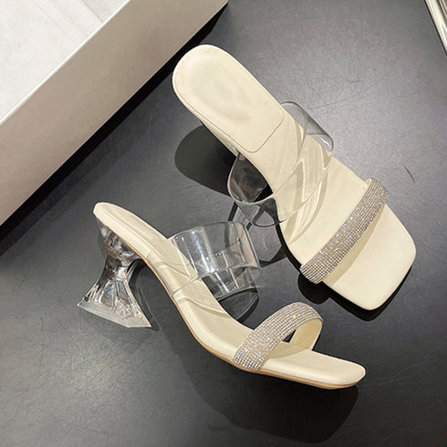 クリアヒールサンダル スクエアトゥ 美脚 レディース デザインヒール クリアサンダル 履きやすい サマーサンダル きれいめ透明ミュールサンダル 春夏大人可愛い上品 86JIANL-029