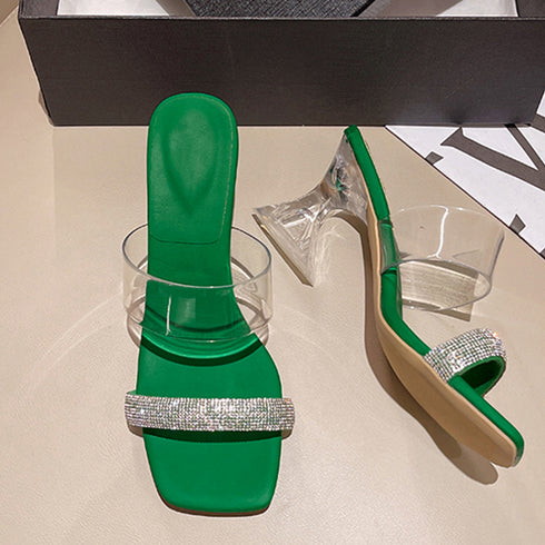 クリアヒールサンダル スクエアトゥ 美脚 レディース デザインヒール クリアサンダル 履きやすい サマーサンダル きれいめ透明ミュールサンダル 春夏大人可愛い上品 86JIANL-029