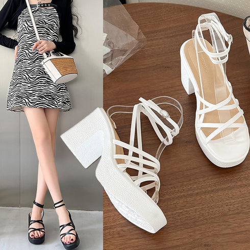 ハイヒール クロスストラップサンダル韓国 レディース 厚底サンダル スクエアトゥ 軽量サマーサンダル 疲れにくい美脚シューズ アンクルストラップ トレンド靴安定感 86JIANL-031