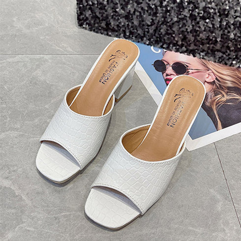 スクエアトゥ サンダル チャンキーヒール レディース クロコ型押し ミュールサンダル 太ヒール サマーサンダル 歩きやすい 夏サンダル オープントゥ 美脚シューズ 86JIANL-034