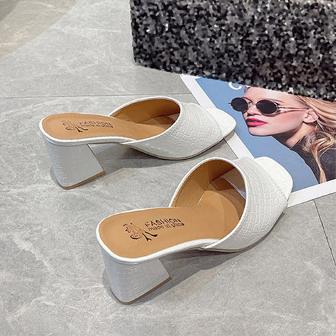 スクエアトゥ サンダル チャンキーヒール レディース クロコ型押し ミュールサンダル 太ヒール サマーサンダル 歩きやすい 夏サンダル オープントゥ 美脚シューズ 86JIANL-034