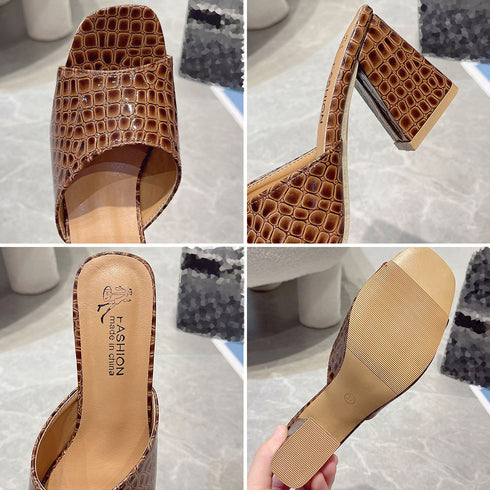 スクエアトゥ サンダル チャンキーヒール レディース クロコ型押し ミュールサンダル 太ヒール サマーサンダル 歩きやすい 夏サンダル オープントゥ 美脚シューズ 86JIANL-034