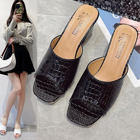 スクエアトゥ サンダル チャンキーヒール レディース クロコ型押し ミュールサンダル 太ヒール サマーサンダル 歩きやすい 夏サンダル オープントゥ 美脚シューズ 86JIANL-034