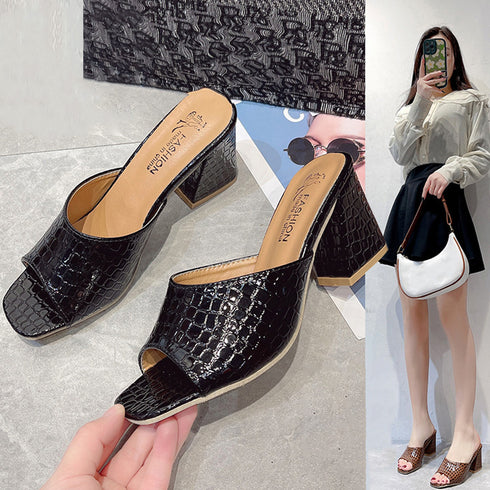 スクエアトゥ サンダル チャンキーヒール レディース クロコ型押し ミュールサンダル 太ヒール サマーサンダル 歩きやすい 夏サンダル オープントゥ 美脚シューズ 86JIANL-034